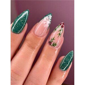 24-Piece Set Long Almond Shape Green French Snow Design False Nails